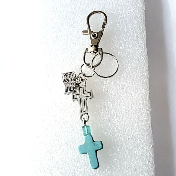 Turquoise & Silver Bible Cross Purse Charm keyring - Picture 3 of 4